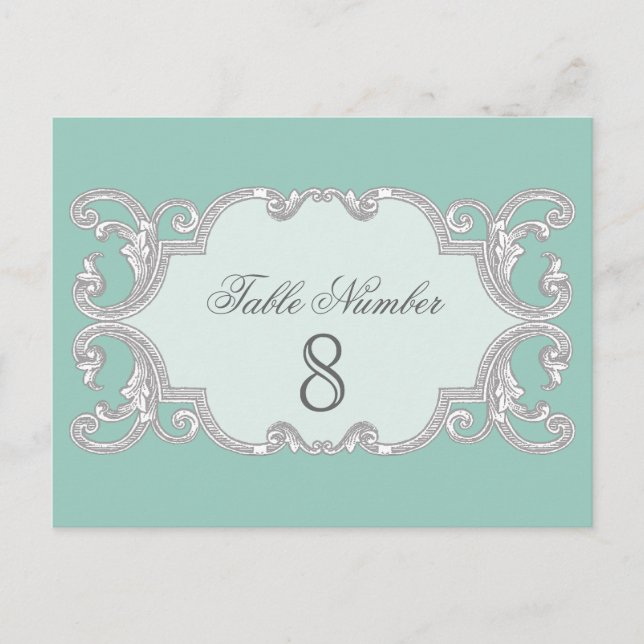 Tear Drop Lace, Aqua Blue Table Number Cards (Front)