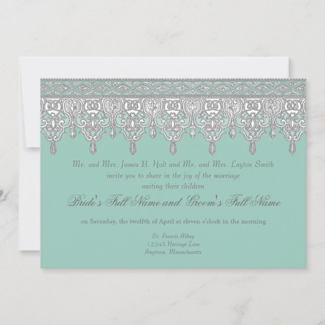 Tear Drop Lace, Light Aqua Blue - Wedding Invite (Front)