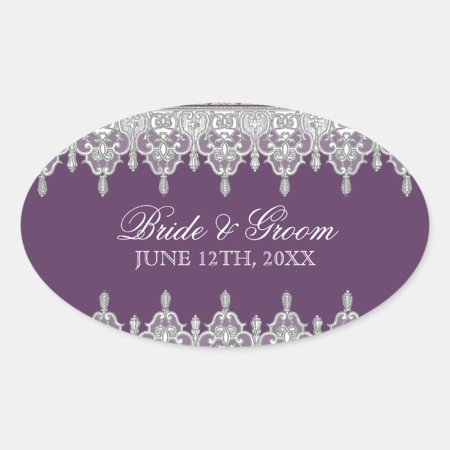 Tear Drop Lace, Plum Purple Wedding Seal Sticker (Front)