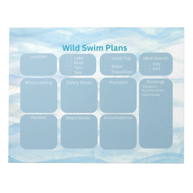 Tear Off Wild Swimming Planning Sheets Notepad (Front)