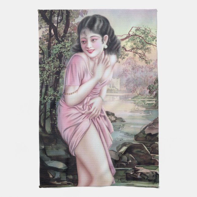Tease in Stream Oasis by Shanghai China Girl Tea Towel (Vertical)