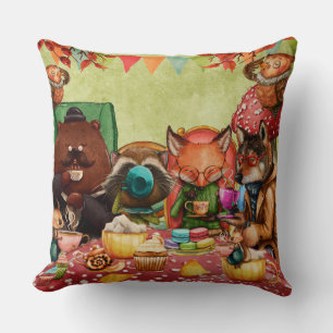 Teatime in Forest with Woodland Friends Cushion