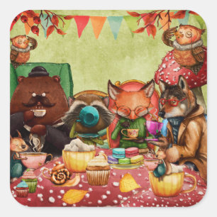 Teatime in Forest with Woodland Friends Square Sticker