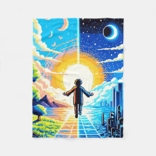 Tech and Nature Harmony - 8-bit Pixel Art Fleece Blanket