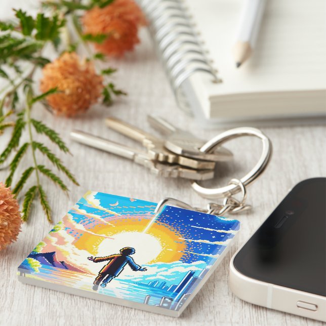 Tech and Nature Harmony - 8-bit Pixel Art Key Ring (Front Right)