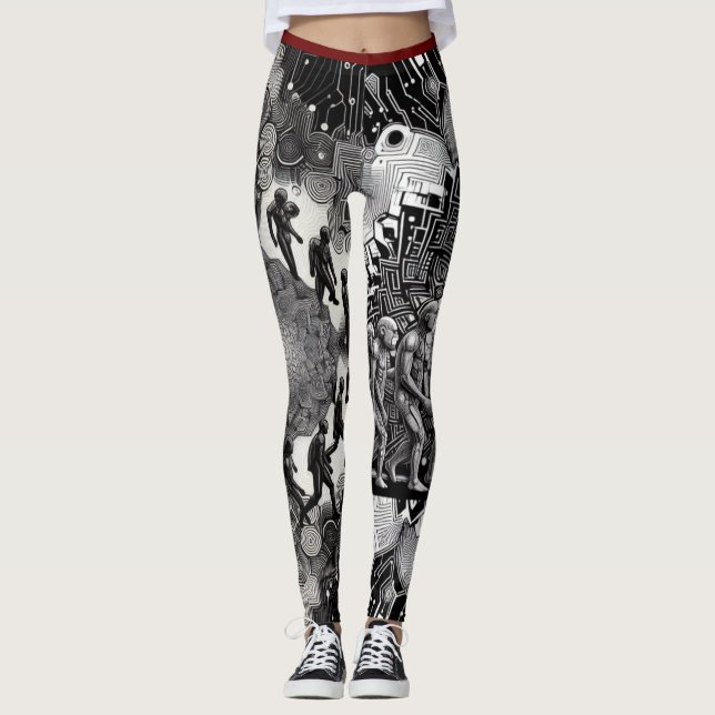Tech Evolution: Futuristic Black & White Outlines Leggings (Front)