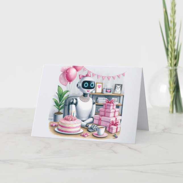Tech Girls Pink Sparkle Robot Birthday Card (Front)