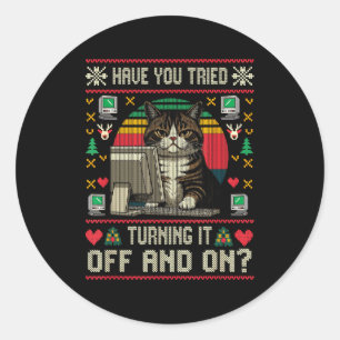 Tech Suprts Cat Engineer Computer Ugly Christmas S Classic Round Sticker
