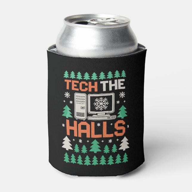 Tech The Halls Ugly Computer Festive Christmas Can Cooler (Can Front)