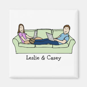 Techie couple - personalised cartoon magnet