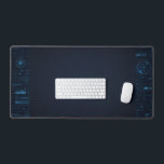 Technical HUD Blueprint Schematic Gaming Desk Mat<br><div class="desc">This Technical HUD Blueprint Schematic Gaming Desk Mat features a detailed peripheral design of glowing cyan data readouts and wireframe grids. Perfect for high-end gaming setups, tech workstations, or as a modern office gift. This ultra-wide desk pad offers a clean center for your keyboard while keeping the sophisticated 2D digital...</div>