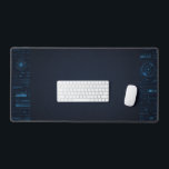 Technical HUD Blueprint Schematic Gaming Desk Mat<br><div class="desc">This Technical HUD Blueprint Schematic Gaming Desk Mat features a detailed peripheral design of glowing cyan data readouts and wireframe grids. Perfect for high-end gaming setups, tech workstations, or as a modern office gift. This ultra-wide desk pad offers a clean center for your keyboard while keeping the sophisticated 2D digital...</div>