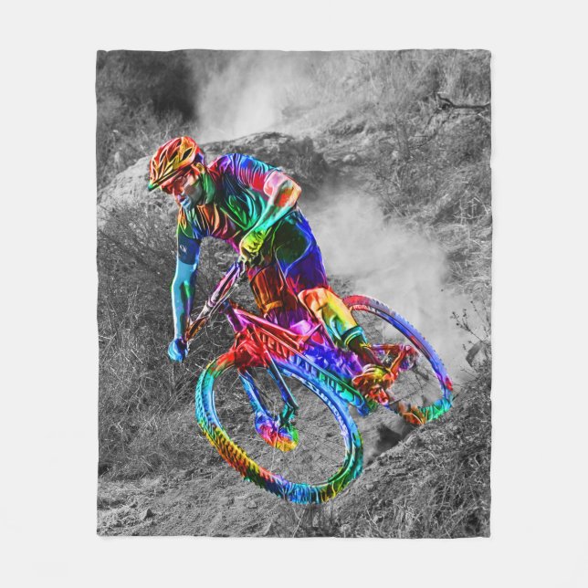 Technicolor Mountain Biker Racing Down a Trail Fleece Blanket (Front)