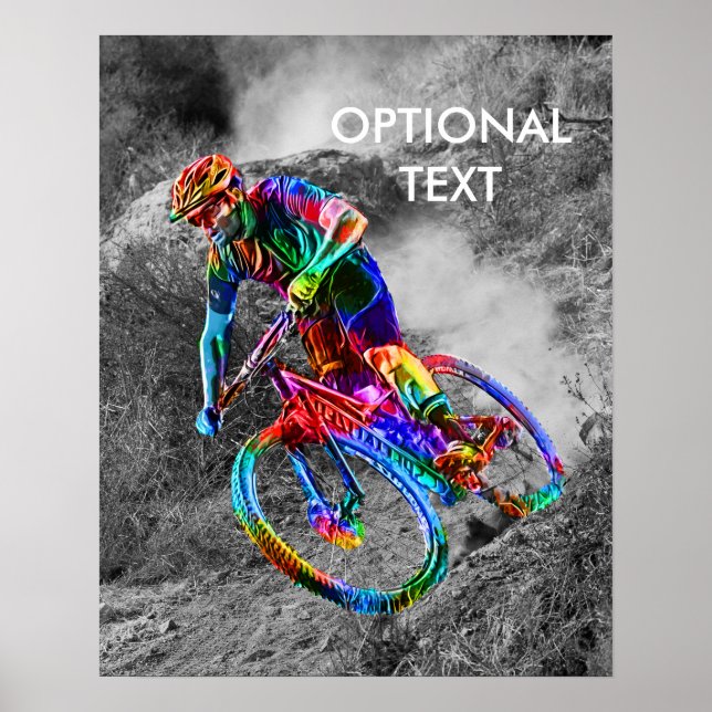 Technicolor Mountain Biker Racing Down a Trail Poster (Front)