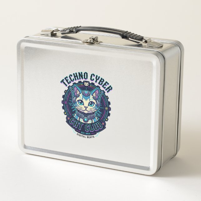 Techno Cyber Cat Funny Cat Lover Design - Techno C Metal Lunch Box (Front)