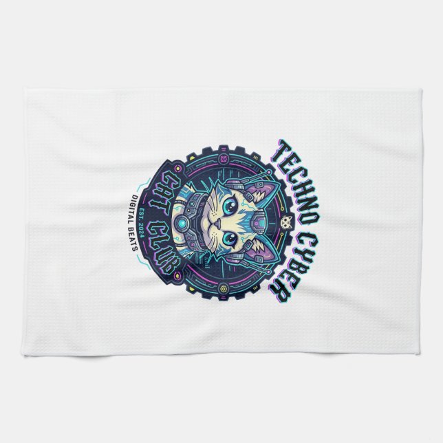 Techno Cyber Cat Funny Cat Lover Design - Techno C Tea Towel (Horizontal)