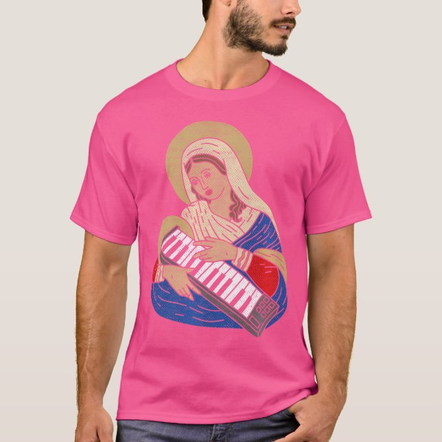 Techno Dj Virgin Mary With A Synthesizer 80S Audio T-Shirt (Front)