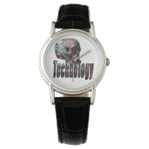Technology Skull & Logo Ladies Black Leather Watch
