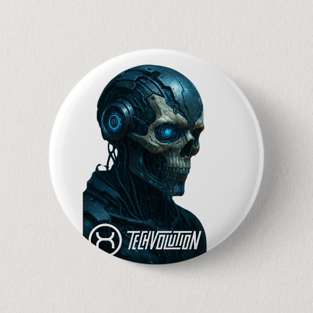 TECHVOLUTION – CYBORG SKULL  6 CM ROUND BADGE (Front)