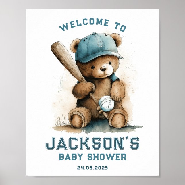 Tedd Bear Baseball Player Boy Welcome Baby Shower Poster (Front)