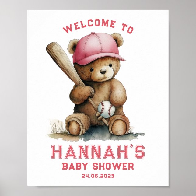 Tedd Bear Baseball Player Boy Welcome Baby Shower Poster (Front)