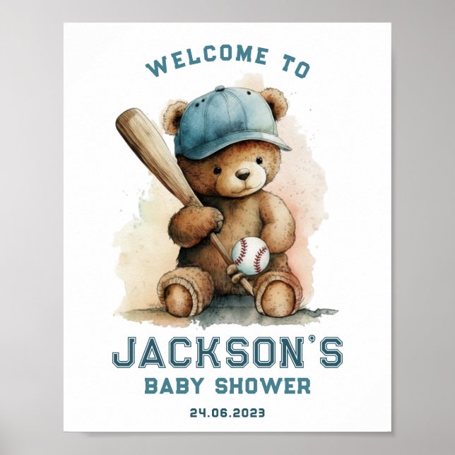 Tedd Bear Baseball Player Boy Welcome Baby Shower Poster (Front)