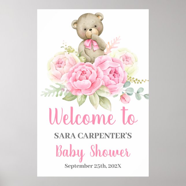 Teddy Baby Shower Girl Pink Bear Welcome Sign (Front)
