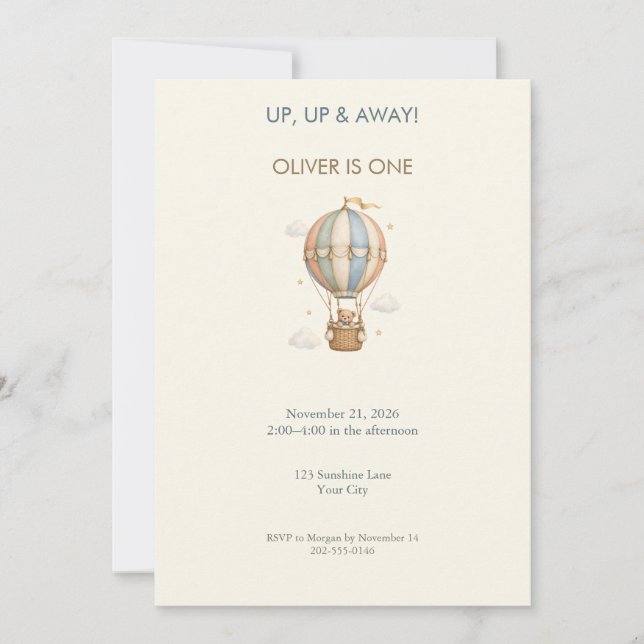 Teddy Balloon First Birthday Invitation (Front)