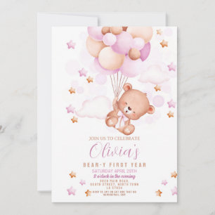 Teddy Bear 1st Birthday Bear-y First Girls Pink Invitation