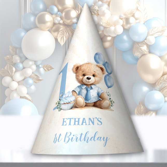 Teddy Bear 1st Birthday Blue Balloons Paper Party Hat (Teddy Bear 1st Birthday Blue Balloons Paper Party Hat)