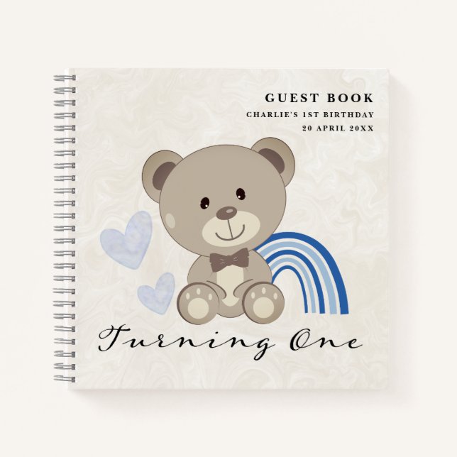 Teddy Bear 1st Birthday Blue Guestbook Notebook (Front)