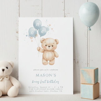 Teddy Bear 1st Birthday Blue Watercolor Invitation