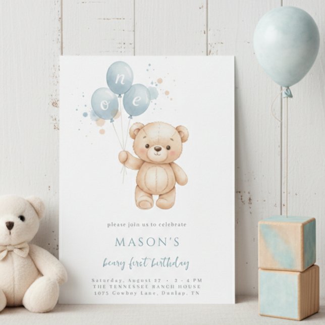 Teddy Bear 1st Birthday Blue Watercolor Invitation (Creator Uploaded)
