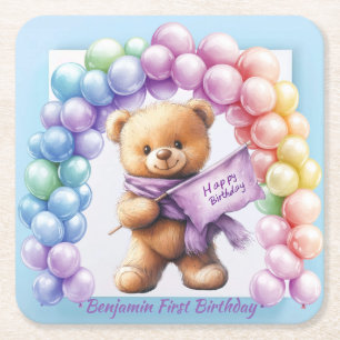 Teddy Bear 1st Birthday Colourful Balloons Square Paper Coaster