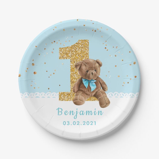 Teddy Bear 1st Birthday Paper Plate (Front)