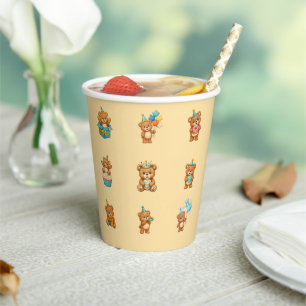 Teddy Bear 1st Birthday Party Cups Boy Cream Gold 