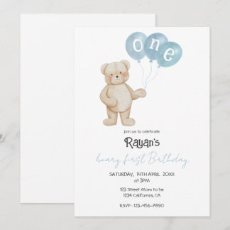 Teddy Bear 1st Birthday Party for Baby Boy  Invitation