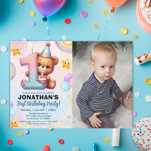 Teddy Bear 1st Birthday Photo Personalized Baby  Invitation (Creator Uploaded)