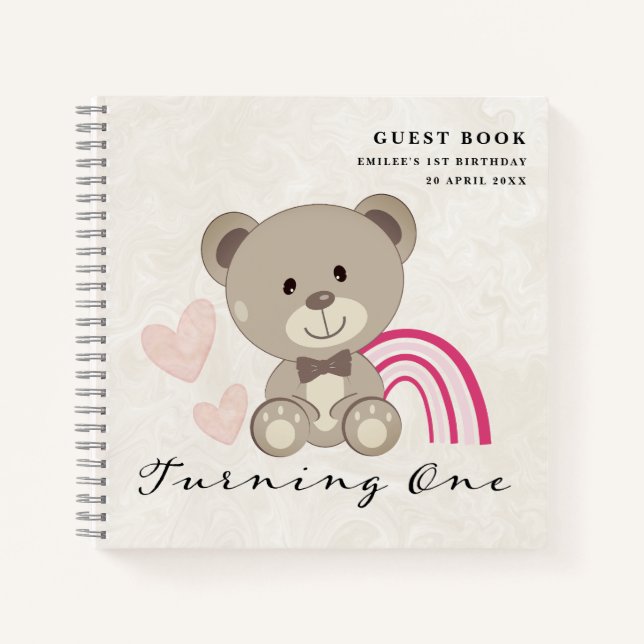 Teddy Bear 1st Birthday Pink Guestbook Notebook (Front)
