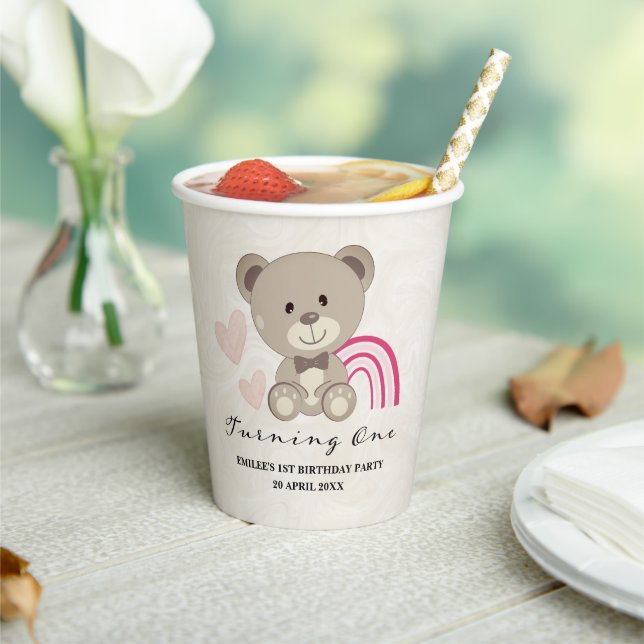 Teddy Bear 1st Birthday Pink Paper Cups (Insitu)