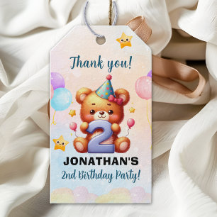 “Teddy Bear 2nd Birthday Cute Balloons & Rainbow Gift Tags