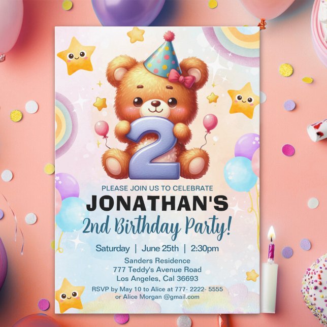 “Teddy Bear 2nd Birthday | Cute Watercolor Balloon Invitation (Creator Uploaded)