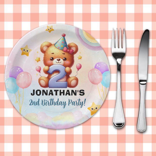 Teddy Bear 2nd Birthday Party | Colorful Ballon Paper Plate (Creator Uploaded)