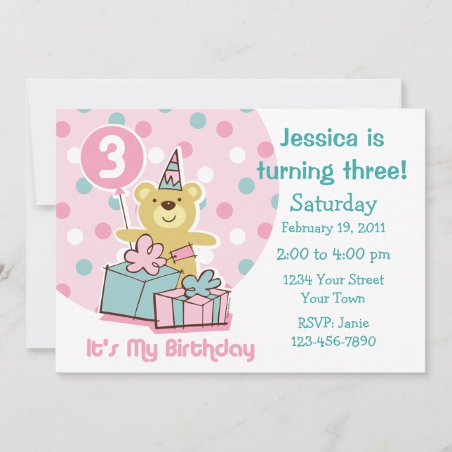 Teddy Bear 3rd Birthday Invitation (Front)
