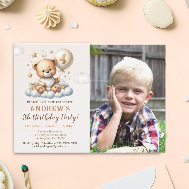 Teddy Bear 4th Birthday Photo Invitation for Boys (Creator Uploaded)