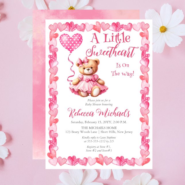 Teddy Bear A Little Sweetheart Girl Baby Shower Invitation (Pink Hearts | Teddy Bear "A Little Sweetheart Is On The Way" Girl Baby Shower Invitation)