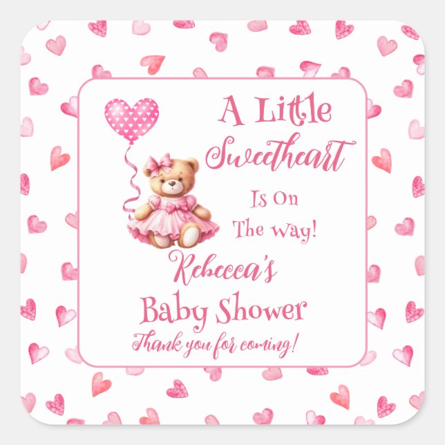 Teddy Bear A Little Sweetheart Girl Baby Shower Square Sticker (Front)