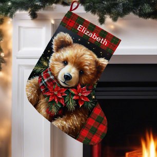 Teddy Bear Add Name Christmas Red Green Large Christmas Stocking