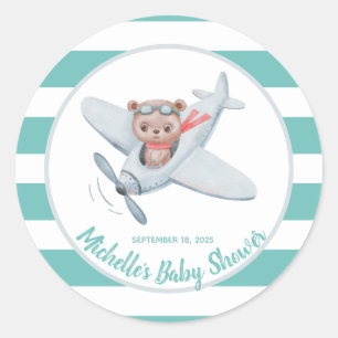 Teddy Bear Aeroplane Baby Shower Gender Neutral   Classic Round Sticker