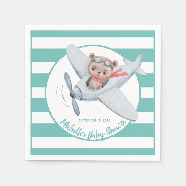 Teddy Bear Aeroplane Baby Shower Gender Neutral    Napkin (Front)